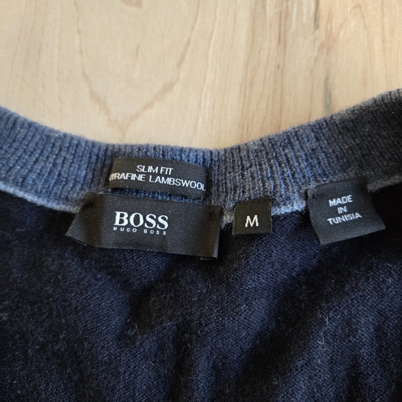BOSS Lambswoool Striped V-Neck Sweater - Black, Gray, and Blue - Picture 7 of 15